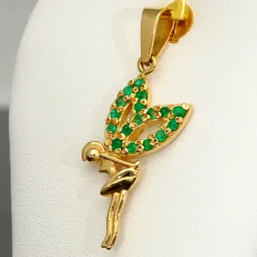 Bezaubernder Anhänger mit Fee - Motiv in 18K / 750 Gold mit 17 runden kolumbianischen Smaragden