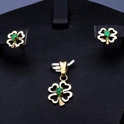Attraktiver Kleeblatt - Anhänger und Ohrringe Set mit kolumbianischen Smaragden in 18K / 750 Gold gefasst