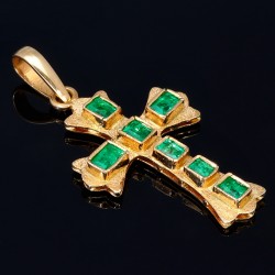 Handgearbeiteter Kreuz - Anhänger in 18K / 750 Gold mit 7 leuchtenden tannengrünen kolumbianischen Smaragden